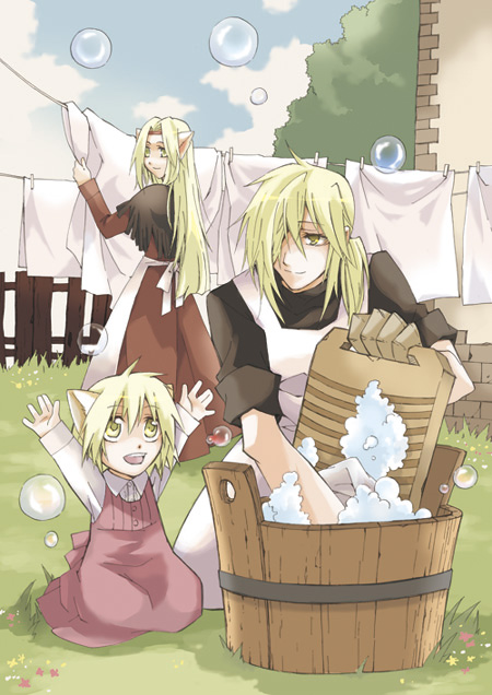 00s animal_ears bubble child family laundry memusu slice_of_life soap_bubbles tengen_toppa_gurren_lagann tsuuma tub viral_(ttgl) washboard washtub