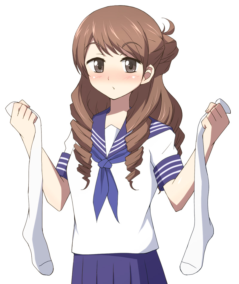 1girl blue_neckerchief blue_sailor_collar blue_skirt blush brown_eyes brown_hair drill_hair hanasaku_iroha holding holding_unworn_clothes long_hair neckerchief nel-c pleated_skirt sailor_collar sailor_shirt school_uniform serafuku shirt short_sleeves simple_background skirt socks solo unworn_socks wakura_yuina white_background white_socks
