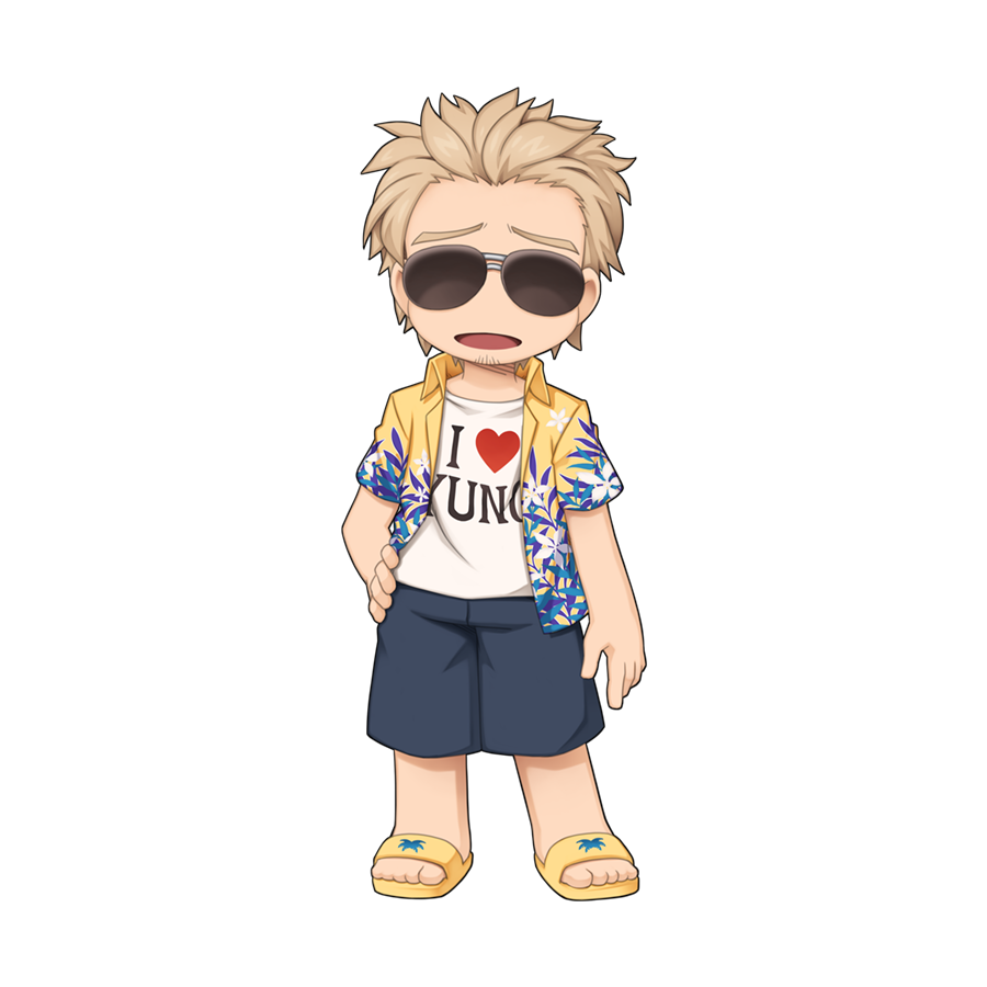 1boy black_shorts chibi chibi_only clothes_writing collared_shirt facial_hair flip-flops floral_print_shirt full_body goatee hawaiian_shirt i_heart... lazy_(ragnarok_online) light_brown_hair looking_at_viewer male_focus official_art open_mouth print_shirt ragnarok_online sandals shirt short_hair shorts simple_background smile solo sunglasses t-shirt transparent_background yellow_sandals yellow_shirt yuichirou