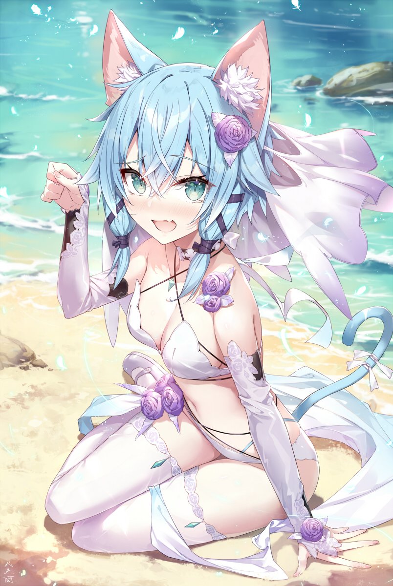 1girl animal_ear_fluff animal_ears aqua_eyes beach bikini blue_hair elbow_gloves fairy_(sao) flower_ornament gabiran gloves hair_ornament highres ocean open_mouth sand sinon sitting solo swimsuit sword_art_online tail thighhighs white_bikini white_footwear white_thighhighs