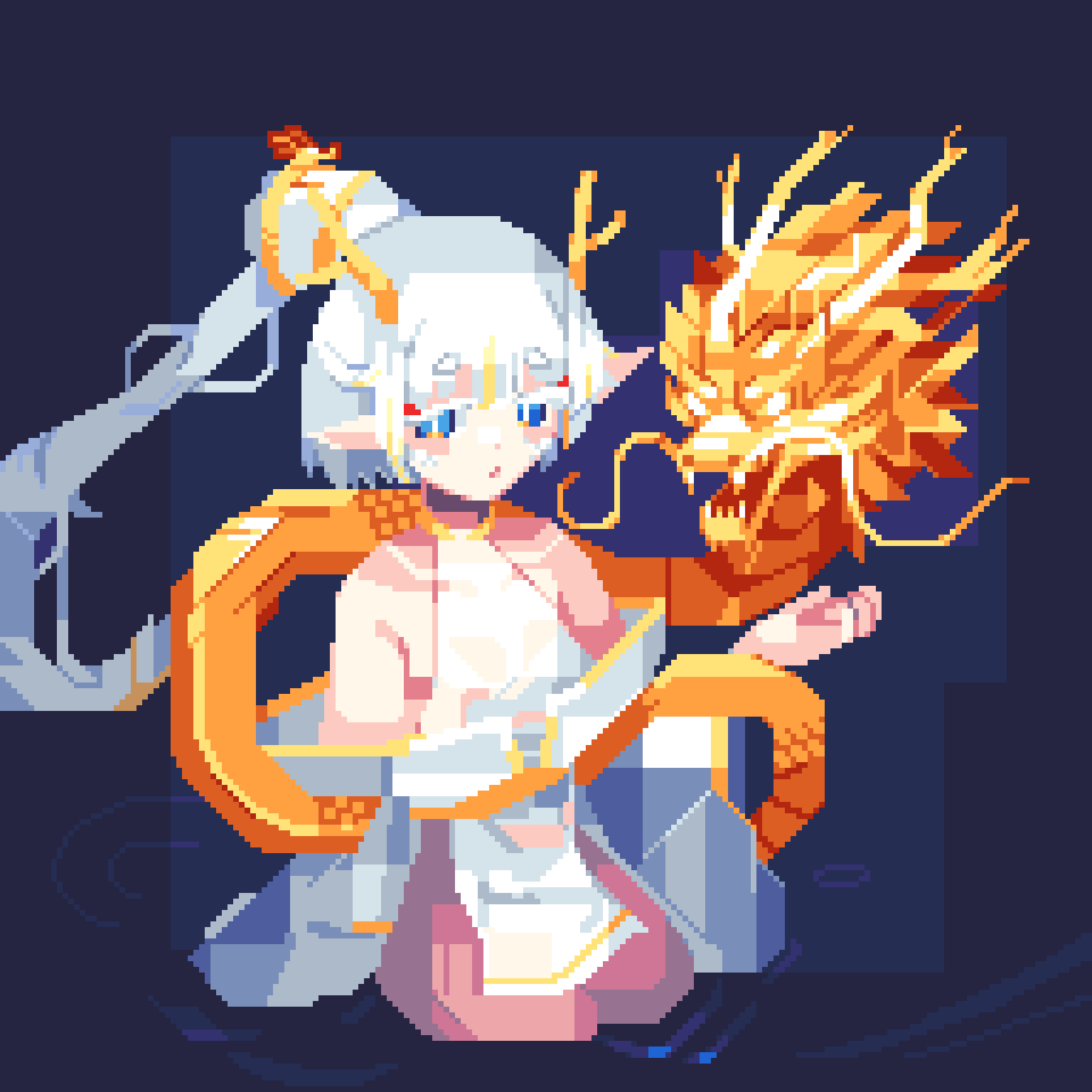 bare_shoulders blue_heater_2 dragon dragon_girl dragon_horns dratana gold_choker gold_trim highres horns japanese_clothes kimono monster_girl non-web_source normalpixel pixel_art ponytail roblox shirt sitting_on_water wet wet_clothes wet_shirt white_hair white_kimono