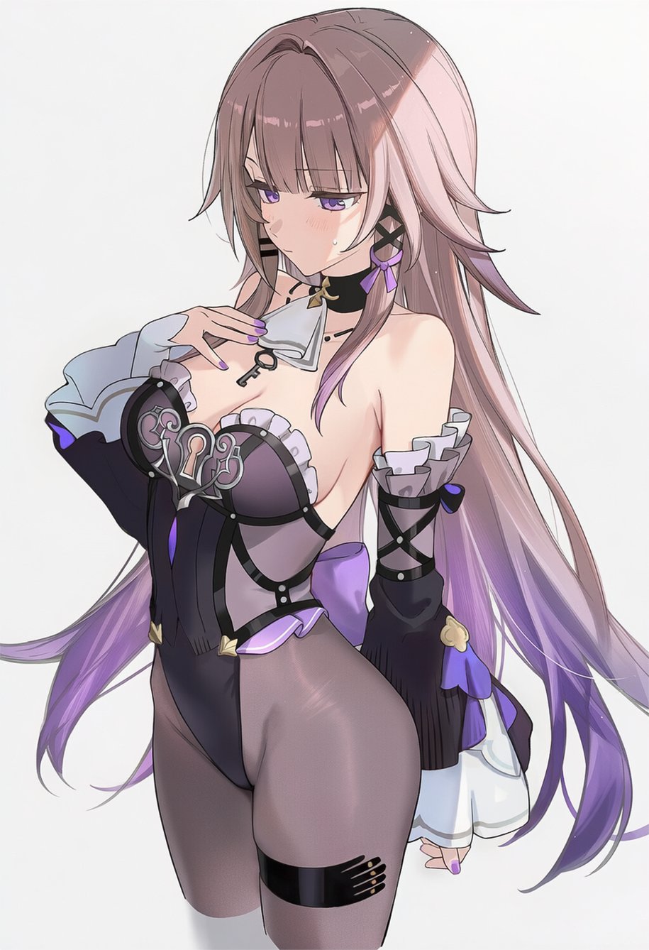 1girl ai-assisted ascot blunt_bangs bodystocking breasts brown_hair cowboy_shot detached_sleeves gradient_hair groin hair_ornament herta_(honkai:_star_rail) highres honkai:_star_rail honkai_(series) jewelry key key_necklace leotard long_hair medium_breasts multicolored_hair necklace poki_(j0ch3fvj6nd) purple_eyes purple_hair purple_nails sidelocks the_herta_(honkai:_star_rail) white_background x_hair_ornament