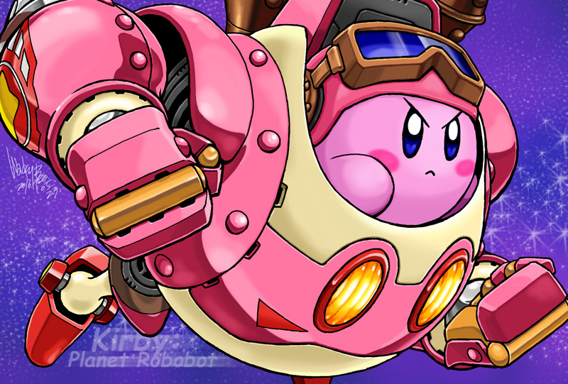 blush_stickers colored_skin copyright_name goggles goggles_on_head kirby kirby:_planet_robobot kirby_(series) mechanical_arms mechanical_legs nintendo no_humans pink_skin robobot_armor robot signature solid_oval_eyes star_(sky) wackybee