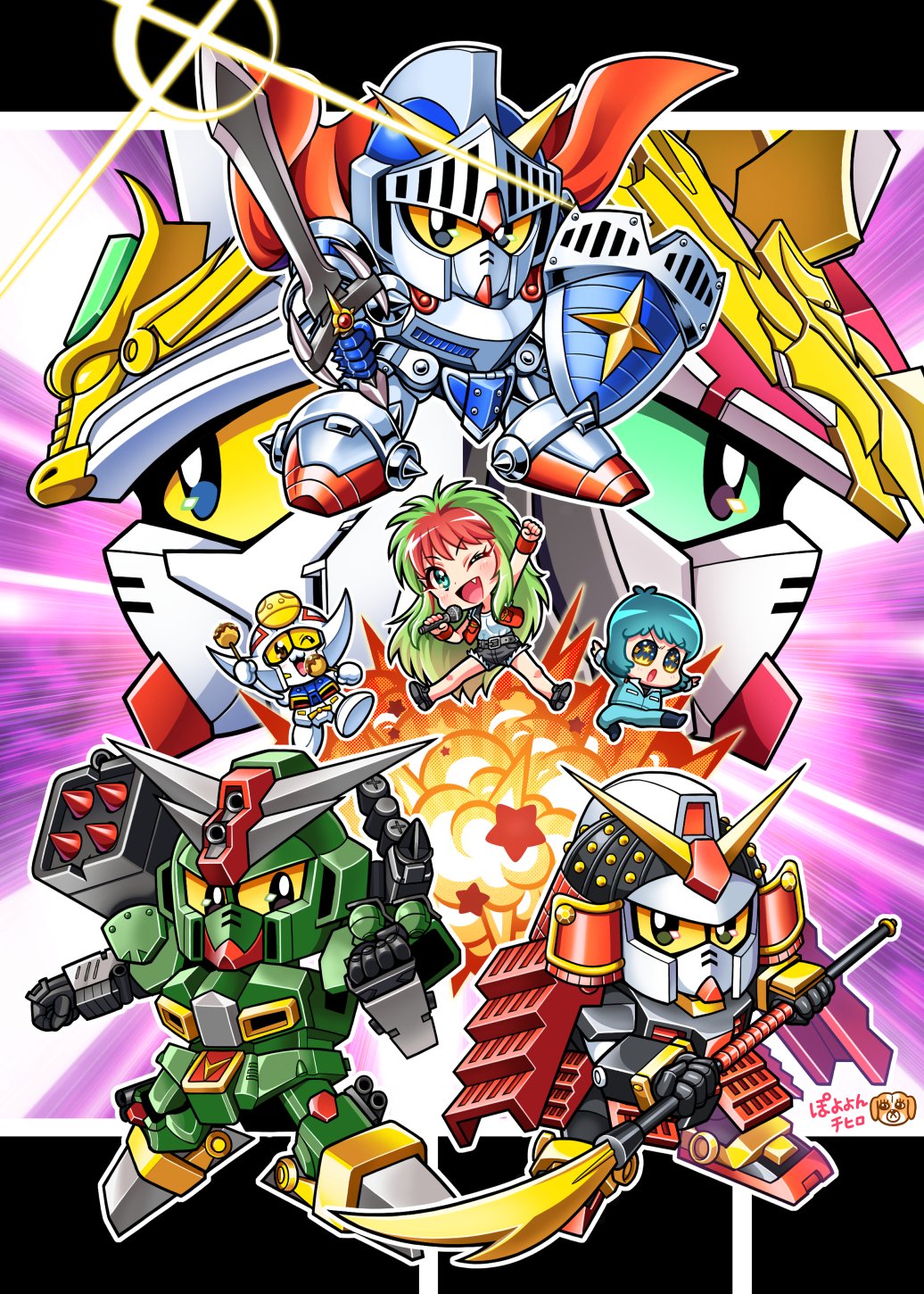 :3 black_eyes blue_eyes clenched_hands command_gundam fang food green_hair gundam haro highres holding holding_food holding_polearm holding_shield holding_sword holding_weapon kamille_bidan liu_bei_unicorn_gundam mecha missile musha_gundam one_eye_closed open_mouth pod polearm poyoyon_chihiro red_hair robot ryuubi_gundam sd_command_chronicles sd_gundam sd_gundam_gaiden sd_gundam_musha_maruden sd_gundam_sangokuden sd_gundam_world_sangoku_soketsuden sd_sengokuden shield smile sparkle sword tron_(sd_gundam) v-fin v-shaped_eyebrows weapon zeta_gundam