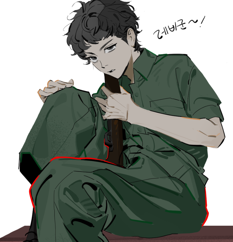 1boy black_eyes black_hair collared_jumpsuit commentary_request fear_&amp;_hunger_(series) fear_&amp;_hunger_2:_termina green_jumpsuit gun hand_on_own_knee holding holding_gun holding_weapon jumpsuit knee_up korean_commentary korean_text levi_(fear_&amp;_hunger) male_focus pankepen parted_lips rifle short_hair sitting solo translation_request weapon