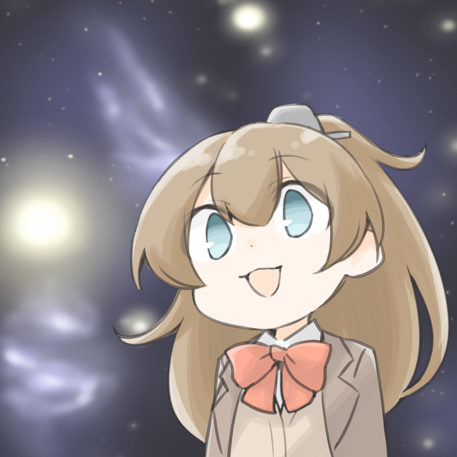 1girl akara_kai brown_cardigan brown_hair brown_jacket cardigan green_eyes hair_ornament jacket kantai_collection kumano_(kancolle) kumano_kai_ni_(kancolle) meme neck_ribbon open_mouth ponytail red_ribbon ribbon shirt solo space upper_body white_shirt