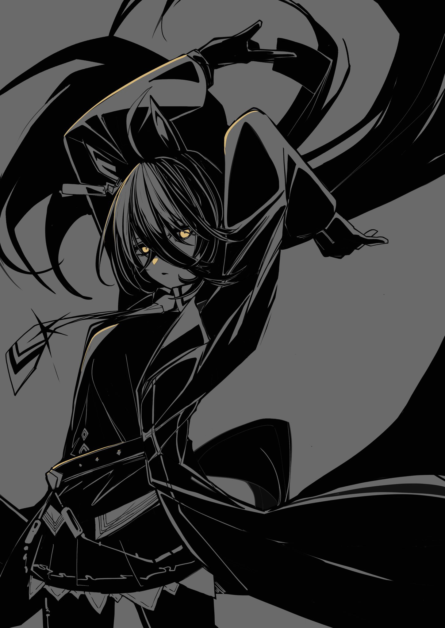 1girl animal_ears arms_up card coat collared_shirt ear_tag earrings expressionless floating_hair gloves hair_between_eyes highres holding holding_card horse_ears horse_girl horse_tail jewelry kawamochi_(tddm3573) long_bangs long_hair long_hair_between_eyes long_sleeves manhattan_cafe_(umamusume) necktie open_clothes open_coat pantyhose parted_lips partially_colored pleated_skirt ribbon shirt single_earring skirt solo tail umamusume very_long_hair yellow_ribbon