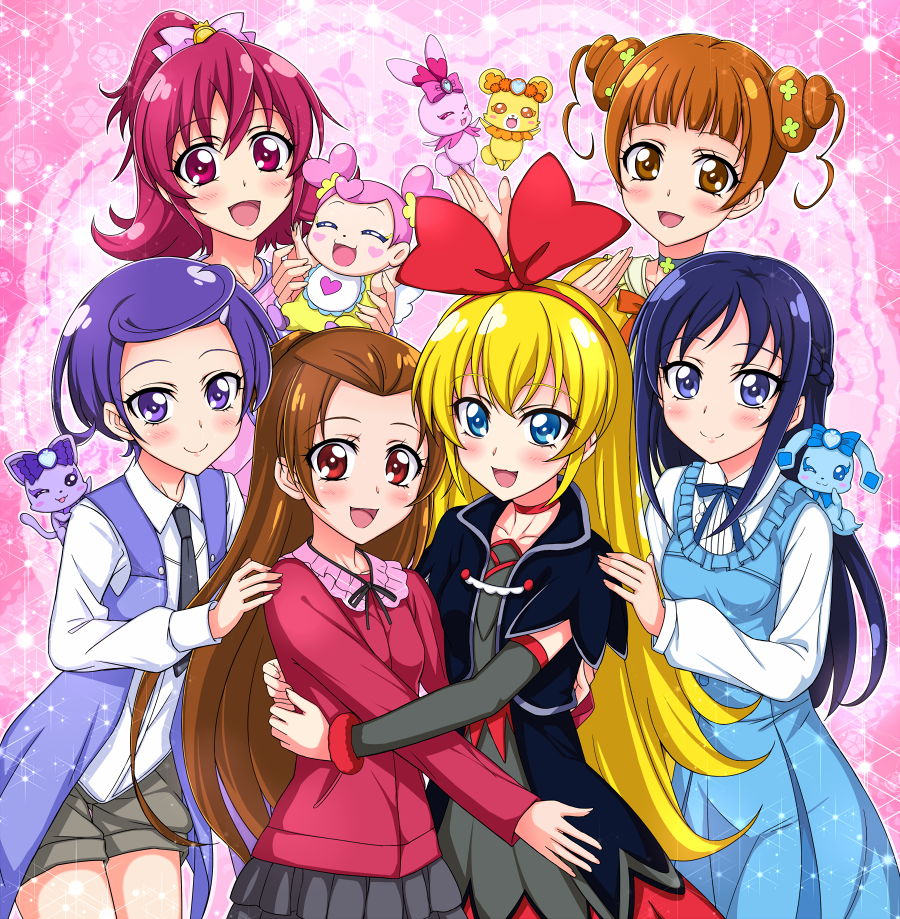 6+girls :d ai-chan_(dokidoki!_precure) aida_mana baby blonde_hair blouse blue_eyes blue_hair blush bow brown_eyes brown_hair creature davi_(dokidoki!_precure) dokidoki!_precure double_bun dress flipped_hair hair_bun half_updo heart_hair_bun hishikawa_rikka jewel_(the_black_canvas) kenzaki_makoto long_hair madoka_aguri multiple_girls open_mouth pink_background pink_bow pink_eyes pink_hair precure purple_eyes purple_hair rakeru_(dokidoki!_precure) rance_(dokidoki!_precure) red_eyes regina_(dokidoki!_precure) sharuru_(dokidoki!_precure) shirt short_hair short_twintails shorts smile sparkle twintails very_long_hair yotsuba_alice