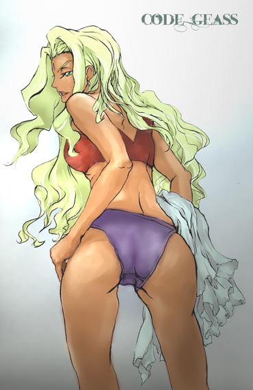 1girl ass blonde_hair bra code_geass dark-skinned_female dark_skin female_focus gradient_background green_eyes lingerie long_hair looking_back panties purple_panties rakshata_chawla solo sports_bra underwear yositou