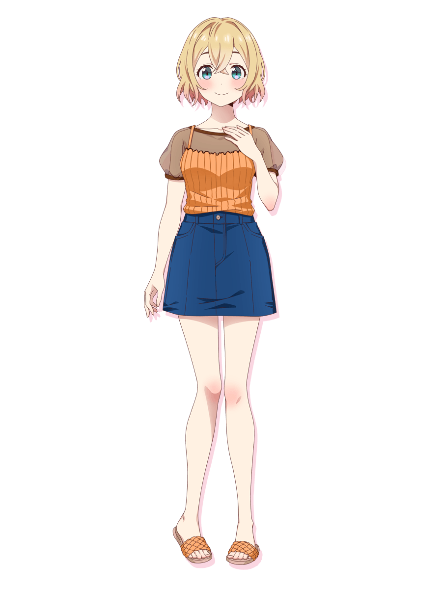 1girl arm_at_side bare_legs bell blonde_hair blue_eyes blue_skirt closed_mouth full_body hair_bell hair_ornament hand_on_own_chest highres kanojo_okarishimasu light_blush nanami_mami official_art orange_sandals orange_shirt ribbed_shirt sandals see-through_clothes see-through_sleeves shirt shirt_tucked_in short_hair short_sleeves simple_background skirt slides smile solo standing straight-on tachi-e transparent_background