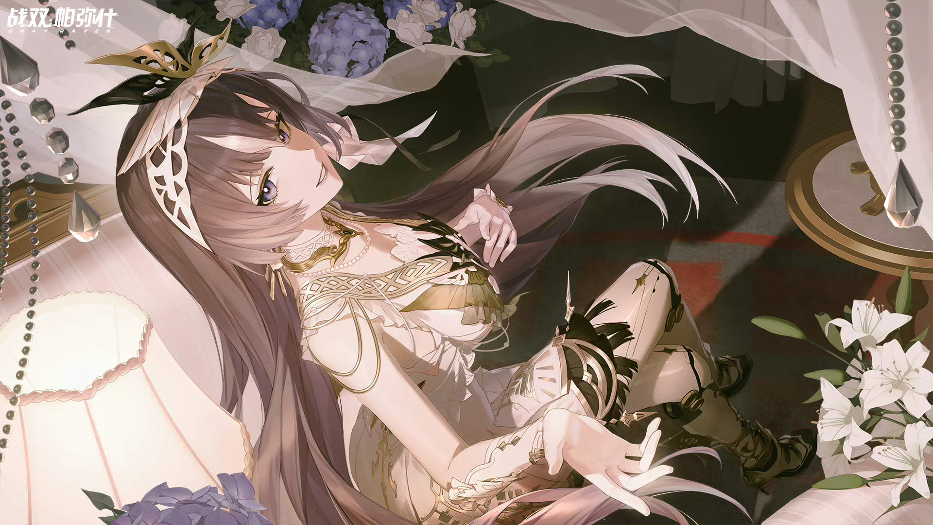 1girl breasts brown_hair copyright_name flower from_above headdress highres lamp large_breasts lilith:_daemonissa_(conceited_mirage)_(pgr) lilith_(pgr) long_hair looking_at_viewer mechanical_legs official_art perspective punishing:_gray_raven purple_eyes purple_flower smile solo table tian_yanyan white_flower