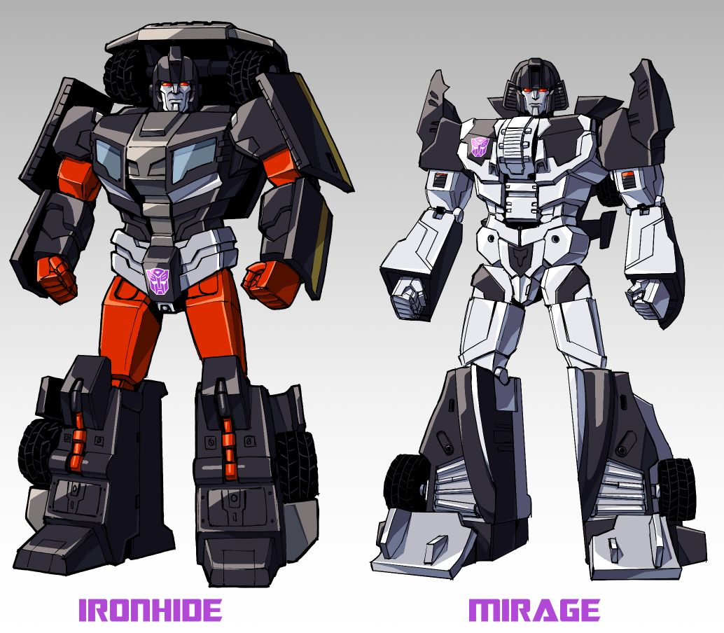 2boys artist_collaboration autobot casey_w._coller character_name clenched_hands commentary dyemooch english_commentary gradient_background ironhide looking_at_viewer mecha mirage_(transformers) multiple_boys no_humans red_eyes robot science_fiction standing transformers transformers_shattered_glass