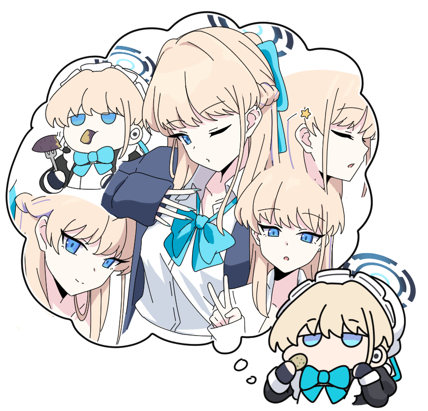 1girl :o apron black_dress black_gloves blonde_hair blue_archive blue_bow blue_cardigan blue_eyes blue_hair blue_nails bow braid cardigan chibi chips_(food) closed_eyes closed_mouth collarbone collared_shirt commentary_request dress dress_shirt earpiece eating fingerless_gloves fingernails food food_in_mouth fork gloves hair_between_eyes hair_bow hair_bun hairband hat holding holding_food holding_fork holding_utensil jitome juliet_sleeves long_fingernails long_hair long_sleeves maid maid_apron maid_headdress mob_cap multicolored_hair multiple_views nail_polish nyaru_(nyaru_4126) official_alternate_costume official_alternate_hairstyle one_eye_closed open_cardigan open_clothes parted_lips puffy_sleeves roasted_sweet_potato sharp_fingernails shirt sidelocks simple_background sleeves_past_wrists smile star_(symbol) streaked_hair sweet_potato thinking toki_(blue_archive) toki_(school_uniform)_(blue_archive) v white_apron white_background white_hairband white_hat white_shirt