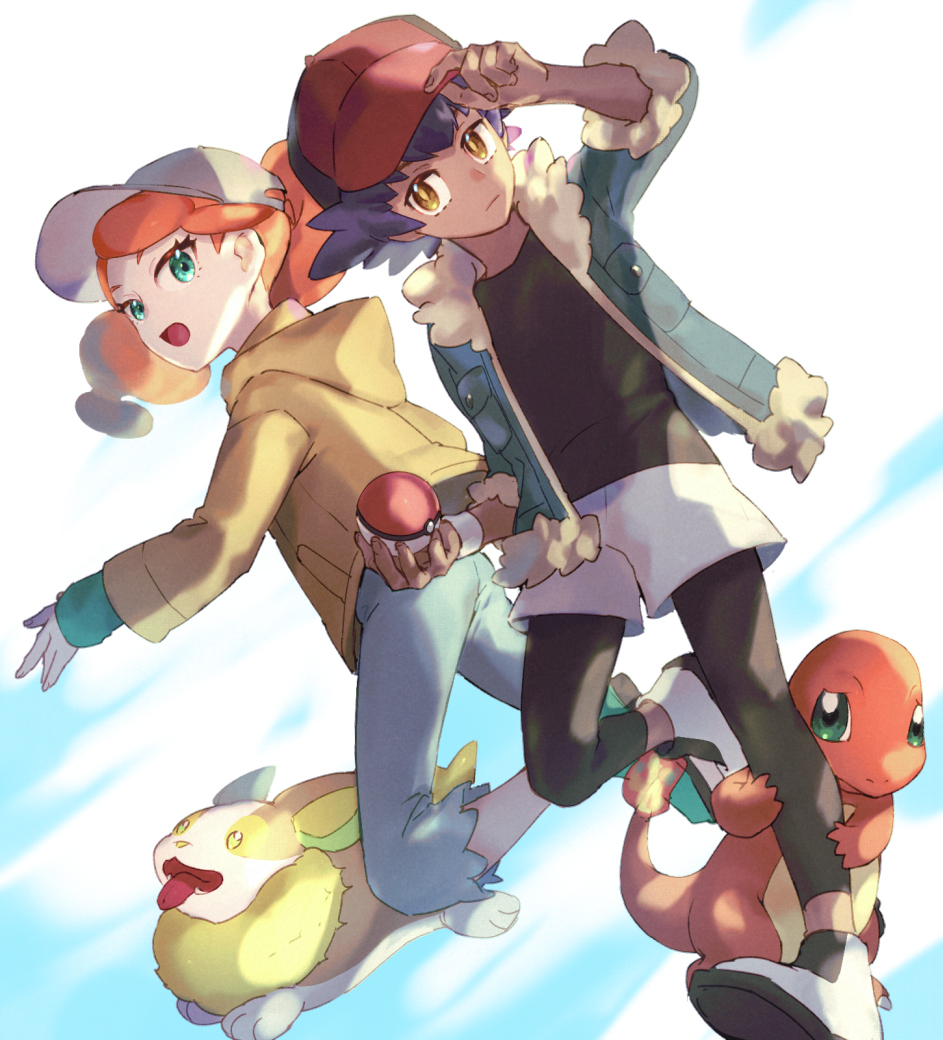 1boy 1girl aged_down baseball_cap capri_pants charmander closed_mouth commentary_request dark-skinned_male dark_skin fire flame-tipped_tail gen_1_pokemon gen_8_pokemon green_eyes green_footwear green_shirt hand_on_headwear hat hood hooded_jacket hugging_another&#039;s_leg jacket leggings leon_(pokemon) long_hair nintendo open_clothes open_jacket open_mouth orange_hair pants pokemon pokemon_(creature) pokemon_swsh purple_hair red_headwear shirt shoes shorts sonia_(pokemon) suruga_dbh tail three-quarter_sleeves tongue wristband yamper yellow_eyes