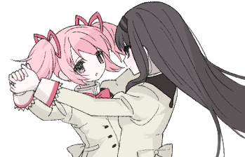 2girls akemi_homura black_hair black_hairband bow bowtie dancing hair_ribbon hairband kaname_madoka long_hair looking_at_another lowres mahou_shoujo_madoka_magica mahou_shoujo_madoka_magica:_walpurgis_no_kaiten mitakihara_school_uniform multiple_girls pink_hair red_bow red_bowtie red_ribbon ribbon school_uniform short_twintails simple_background sweater twintails u_emper very_long_hair white_background yellow_sweater yuri