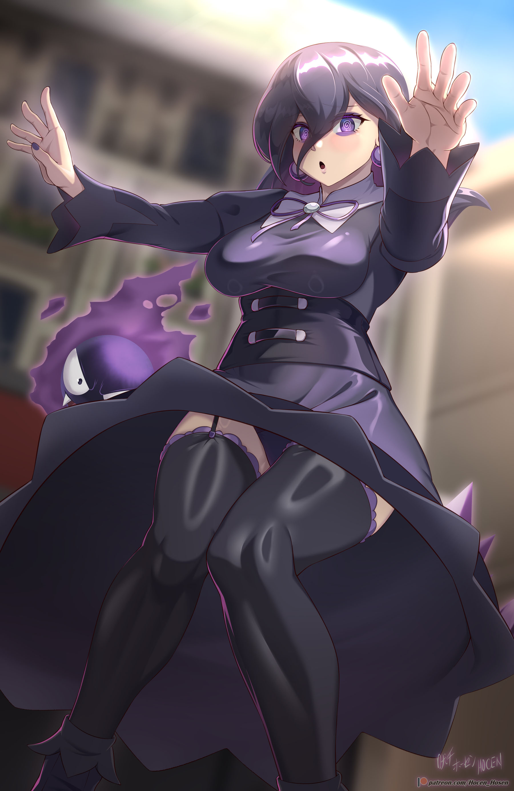 1girl :o @_@ absurdres black_hair black_thighhighs blurry blurry_background breasts clothes_lift day dress dress_lift earrings garter_straps gastly gen_1_pokemon hair_between_eyes haunter hex_maniac_(pokemon) highres jewelry knees_together_feet_apart long_hair mixed-language_commentary nail_polish neck_ribbon nintendo open_mouth outdoors outstretched_arms patreon_logo pokemon pokemon_(creature) pokemon_legends:_z-a purple_eyes purple_ribbon ribbon shoes standing thighhighs vilde_loh_hocen watermark web_address