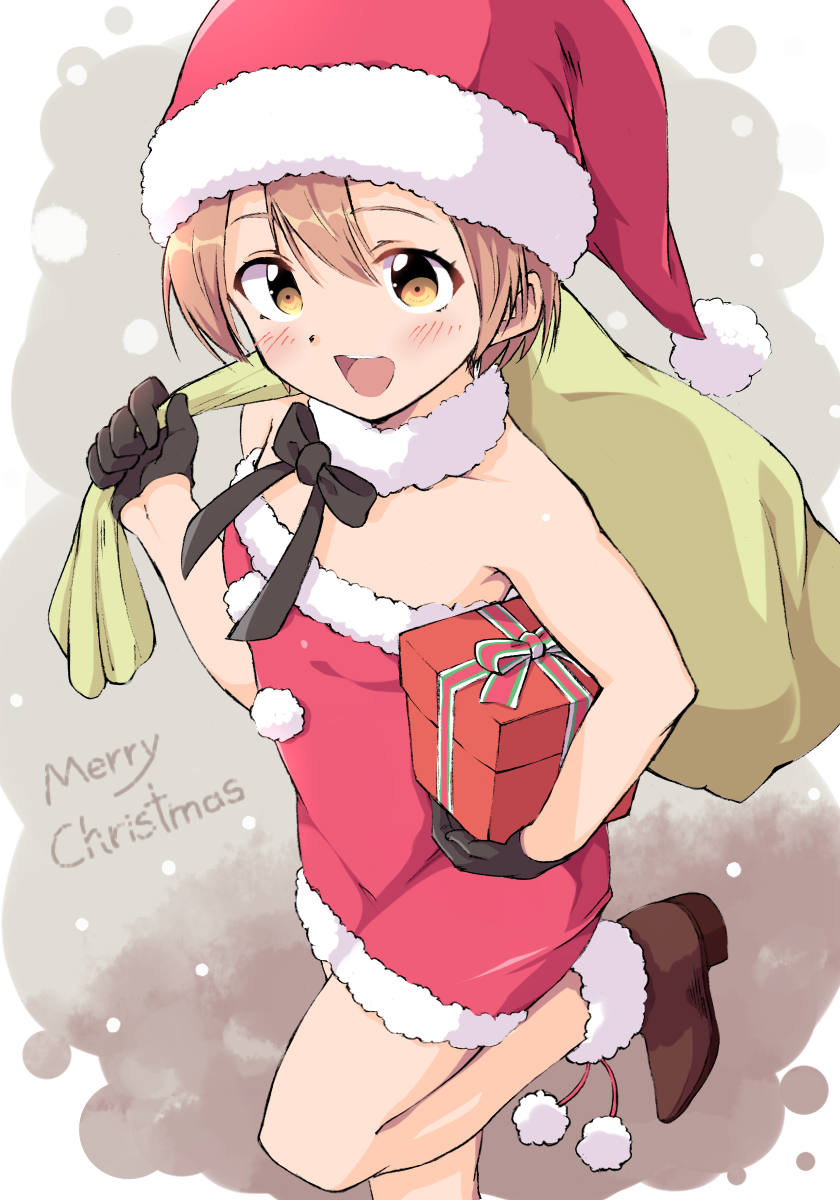 1girl black_gloves blush brown_eyes brown_hair brown_shoes dress fur_trim gift gloves hat highres holding holding_gift holding_sack hoshizora_rin love_live! love_live!_school_idol_project merry_christmas neck_ribbon open_mouth ribbon sack santa_costume santa_dress santa_hat sen_(sen0910) shoes short_hair smile standing standing_on_one_leg