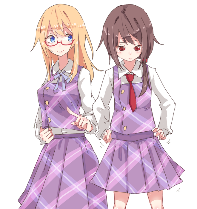 2girls bespectacled blue_eyes blush breasts brown_hair collared_shirt cosplay cowboy_shot expressionless flat_chest glasses hair_tie long_skirt long_sleeves looking_at_another looking_down maribel_hearn multiple_girls necktie plaid_clothes plaid_skirt plaid_vest purple_skirt purple_vest red-framed_eyewear red_hair red_necktie ribbon semi-rimless_eyewear shiroshi_(denpa_eshidan) shirt simple_background skirt skirt_set smile touhou under-rim_eyewear usami_renko usami_sumireko usami_sumireko_(cosplay) vest white_background white_shirt