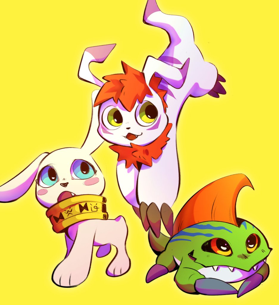 betamon claws digimon digimon_(creature) dog frog gomamon gomamon_x-antibody holy_ring plotmon plotmon_x-antibody simple_background yellow_background