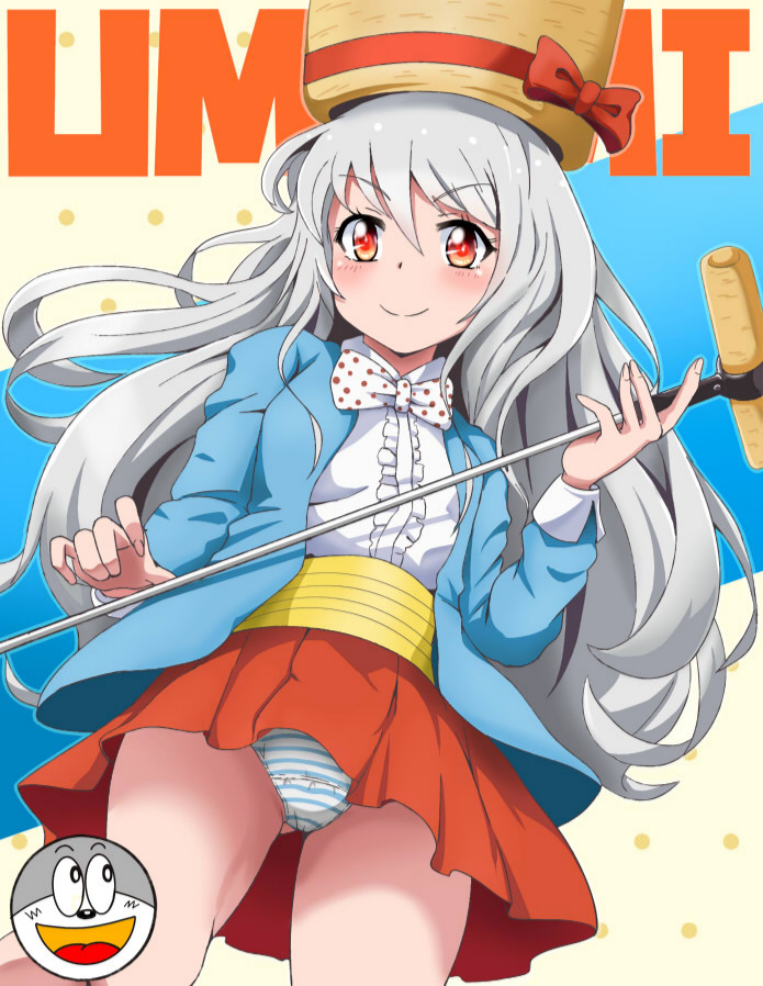 1girl banboro_(technobot) blue_jacket bow bow_hat bowtie food hat jacket long_hair looking_at_viewer mascot open_mouth panties pantyshot pleated_skirt polka_dot polka_dot_bow polka_dot_bowtie print_bow print_bowtie print_panties red_bow red_eyes red_skirt silver_hair skirt smile solo striped_clothes striped_panties suit_jacket umaemon umaibou umami-chan underwear upskirt yaokin