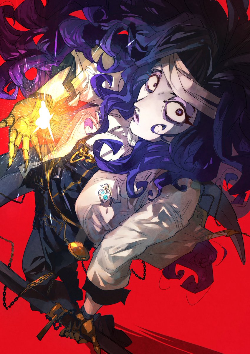 1boy ascot bags_under_eyes bandaged_head bandages black_pants black_shirt chain clawed_gauntlets coat curtained_hair eyeshadow feet_out_of_frame from_above granblue_fantasy highres holding holding_sword holding_weapon korokoro_daigorou long_hair looking_at_viewer magic makeup male_focus open_clothes open_coat open_hand orologia_(male) pants pocket_watch purple_eyes purple_eyeshadow purple_hair purple_lips red_background shirt solo sword very_long_hair watch wavy_hair weapon white_ascot white_coat wide-eyed