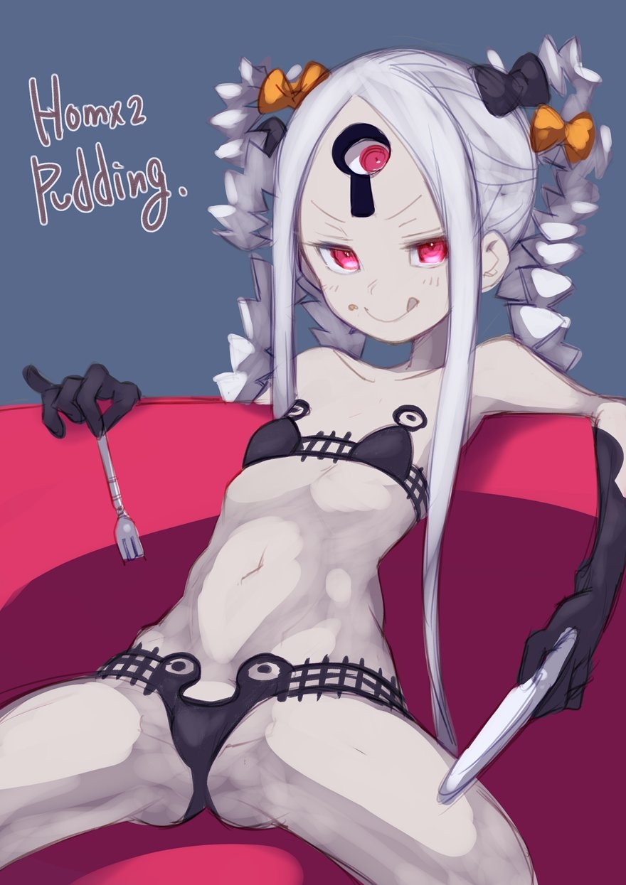 1girl abigail_williams_(fate) abigail_williams_(swimsuit_foreigner)_(fate) abigail_williams_(swimsuit_foreigner)_(first_ascension)_(fate) bare_shoulders bikini black_bikini black_bow bow breasts collarbone colored_skin double_bun fate/grand_order fate_(series) food food_on_face forehead fork hair_bow hair_bun highres keyhole knife leaning_back licking_lips long_hair looking_at_viewer navel orange_bow parted_bangs polka_dot polka_dot_bow puddinghomhom red_eyes sidelocks sitting small_breasts smile solo spread_legs swimsuit thighs third_eye tongue tongue_out twintails very_long_hair white_hair white_skin