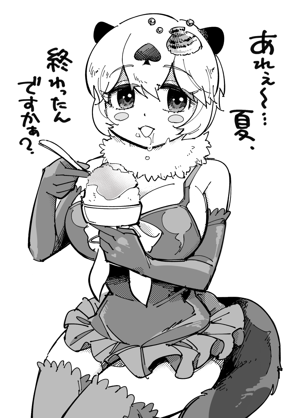 1girl ace_(playing_card) animal_ears black_dress blue_ribbon breasts californian_sea_otter_(kemono_friends) card cleavage cup dress drooling food frilled_dress frills fur_collar highres holding holding_cup holding_spoon ice_cream_cup kemono_friends kemono_friends_3 large_breasts looking_at_viewer otter_ears otter_girl otter_tail playing_card ribbon shaved_ice shell_hair_ornament short_hair shoulder_strap smile solo spoon spoon_straw tail thighhighs white_hair yokuko_zaza