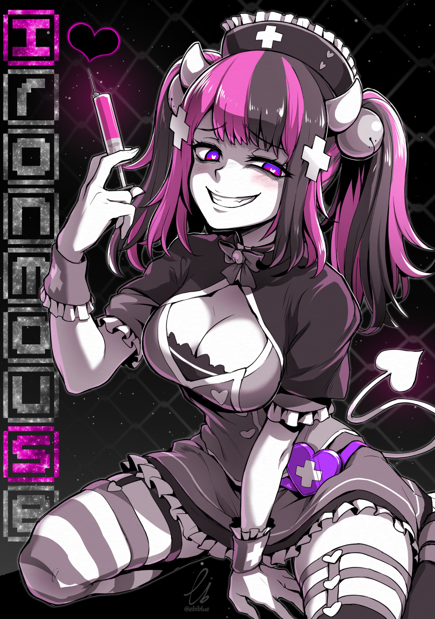 1girl bell black_hair breasts character_name cleavage cleavage_cutout clothing_cutout cross demon_tail ebiblue evil_grin evil_smile gesugao grin hat highres horns ironmouse ironmouse_(nurse) jingle_bell medium_breasts multicolored_hair nurse nurse_cap pink_hair purple_hair signature smile striped_clothes striped_thighhighs syringe tail thighhighs twintails virtual_youtuber vshojo wrist_cuffs