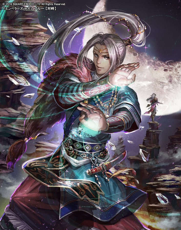 2boys blonde_hair blue_(saga_frontier) closed_mouth commentary_request emperors_saga hair_ornament jewelry long_hair male_focus multiple_boys necklace nitamame official_art ponytail rouge_(saga_frontier) saga saga_frontier siblings twins white_hair