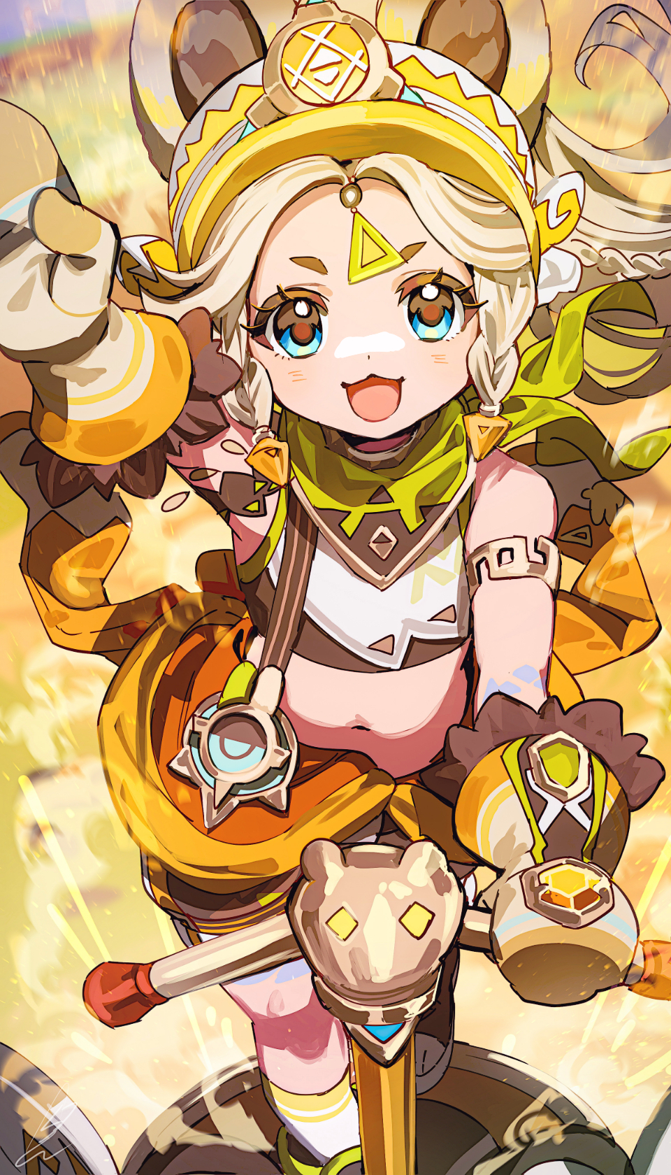 1girl animal_ears bandana bandana_around_neck blue_eyes body_markings boots braid brown_hair commentary_request genshin_impact green_bandana hand_up highres kachina_(genshin_impact) long_hair looking_at_viewer midriff mittens navel open_mouth orange_mittens orange_visor outdoors revision shibuki_kamone smile socks solo standing visor_cap white_socks