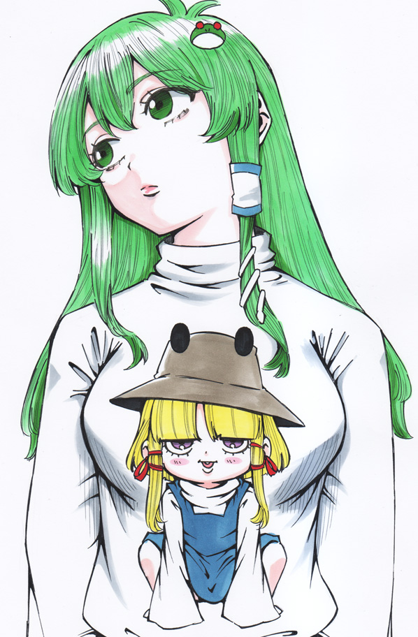 2girls blonde_hair blue_dress breasts dress expressionless frog_hair_ornament green_eyes green_hair hair_ornament hair_tubes kochiya_sanae long_hair long_sleeves looking_at_viewer looking_to_the_side medium_breasts medium_hair moriya_suwako multiple_girls open_mouth purple_eyes pyonta s590220 shirt single_hair_tube smile snake_hair_ornament squatting touhou white_background white_shirt