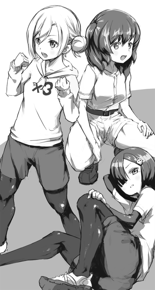 3girls :d arm_up breasts character_request collarbone commentary_request greyscale hair_bun hair_ornament hair_over_one_eye hood hood_down hoodie lao_ren_xing legs_apart long_sleeves looking_ahead looking_at_viewer lying medium_breasts medium_hair monochrome multiple_girls nomura_mizuho_(tamayomi) on_side one_eye_covered open_mouth pantyhose pantyhose_under_shorts saitou_komachi short_hair short_shorts short_sleeves shorts sidelocks single_side_bun skull_hair_ornament smile squatting standing swept_bangs tamayomi teeth two_side_up upper_teeth_only watanabe_shiori