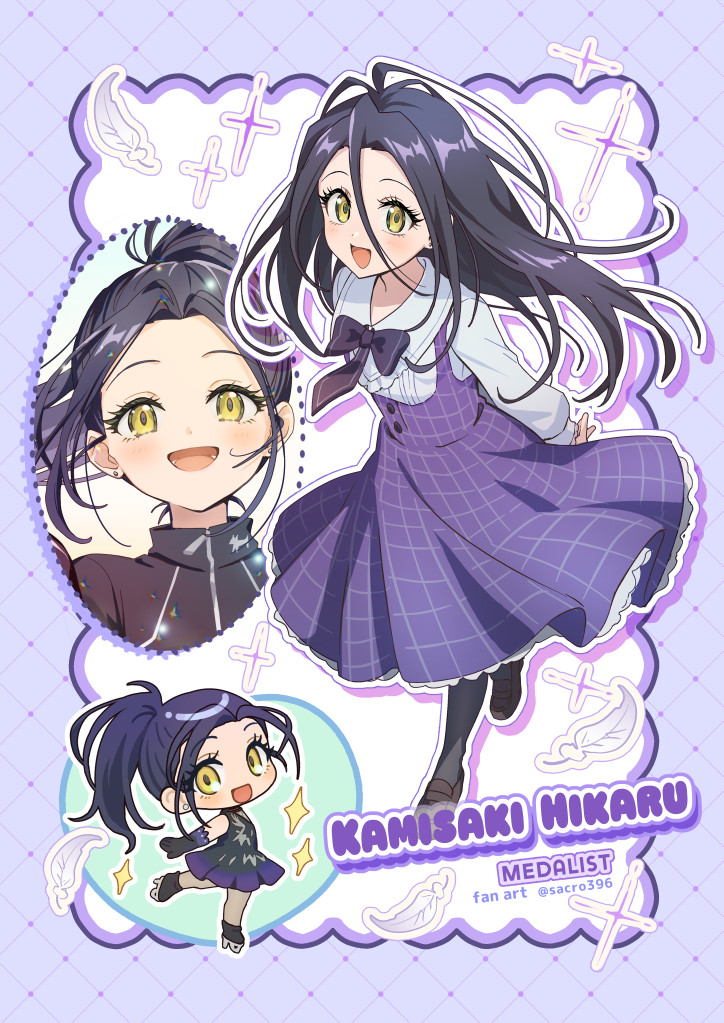 1girl ;d arms_behind_back black_dress black_gloves black_hair black_pantyhose blush border bow brown_shoes character_name chibi copyright_name dress ear_piercing english_text feathers figure_skating figure_skating_dress floating_hair forehead from_side full_body gloves hair_between_eyes kamisaki_hikaru long_hair long_sleeves looking_at_viewer medalist_(manga) medium_dress multiple_views no_nose one_eye_closed open_mouth outline outside_border pantyhose piercing plaid_clothes plaid_dress ponytail portrait purple_background purple_border purple_bow purple_dress purple_hair sakuro shirt shoes sleeveless sleeveless_dress smile sparkle standing standing_on_one_leg straight-on straight_hair twitter_username walking white_background white_outline white_shirt yellow_eyes