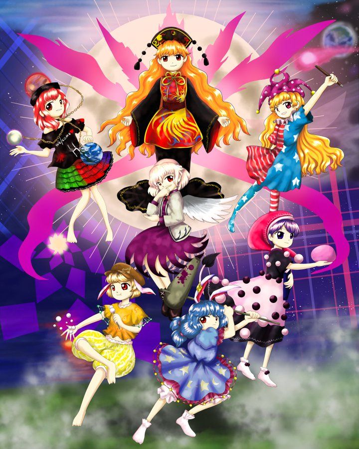 american_flag american_flag_print american_flag_shirt animal_ears aura chinese_clothes clownpiece covering_own_mouth dango doremy_sweet earth_(planet) eating fairy fairy_wings flag_print food full_moon hand_over_own_mouth hecatia_lapislazuli junko_(touhou) kine kishin_sagume legacy_of_lunatic_kingdom mallet monodoku moon pajamas planet planetary_hat print_shirt rabbit_ears ringo_(touhou) seiran_(touhou) shirt single_wing torch touhou twitter wagashi wings