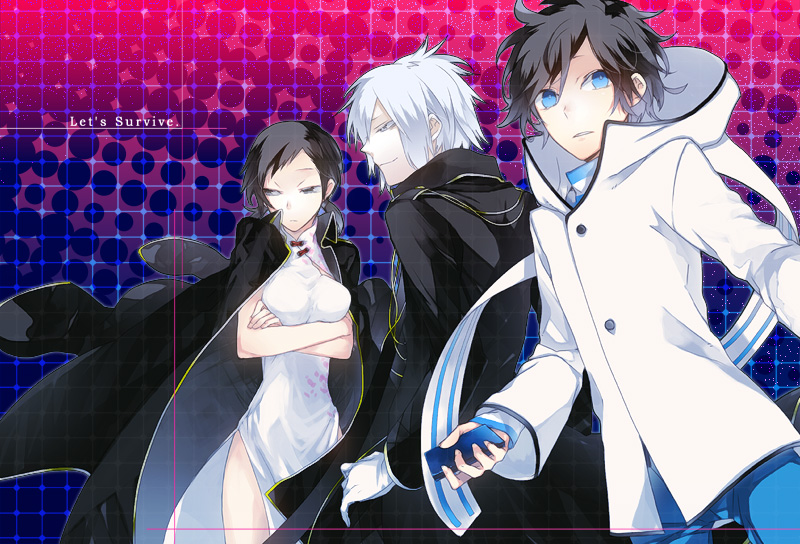 10s 1girl 2boys akio_(89e) black_hair blue_eyes china_dress chinese_clothes crossed_arms devil_survivor_(series) devil_survivor_2 dress gloves hood houtsuin_yamato jacket jacket_on_shoulders kanno_fumi kuze_hibiki military military_uniform multiple_boys protagonist_(devil_survivor_2) side_slit silver_hair