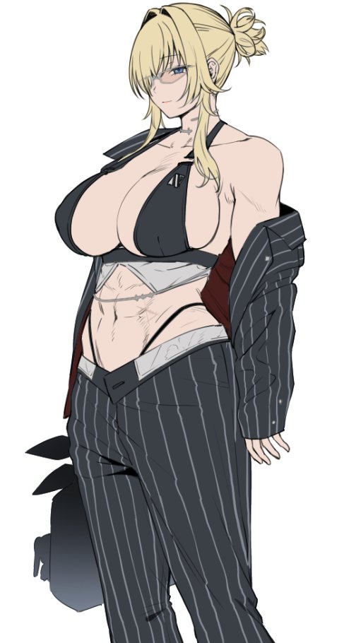 1girl amano_don bag bikini black_bikini black_jacket black_pants blonde_hair blue_eyes breasts cleavage closed_mouth collar collarbone commentary_request cowboy_shot formal_clothes glasses goddess_of_victory:_nikke grave_(beautiful_you)_(nikke) grave_(nikke) hair_between_eyes hair_intakes hair_over_one_eye highleg highleg_bikini holding holding_bag jacket large_breasts long_hair metal_collar midriff navel off_shoulder official_alternate_costume pants pinstripe_jacket pinstripe_pants pinstripe_pattern pinstripe_suit ponytail scar scar_on_stomach short_ponytail sidelocks simple_background single_bare_shoulder solo standing suit swimsuit white_background