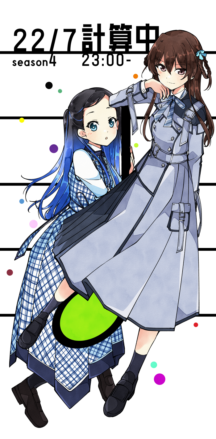 22/7 2girls aqua_bow aqua_eyes belt black_footwear black_hair black_socks blue_hair bow bowtie braid braided_hair_rings brown_eyes brown_footwear brown_hair diagonal-striped_bow diagonal-striped_bowtie diagonal-striped_clothes dress full_body gradient_hair grey_belt grey_dress hair_bow hair_rings hand_on_own_cheek hand_on_own_face highres kamisama_datte_kimerarenai kumorizora_no_mukou_wa_hareteiru loafers long_hair long_sleeves multicolored_hair multiple_girls musical_note nishiura_sora no_jacket plaid_clothes plaid_dress quarter_note shirt shoes socks striped_clothes tachikawa_ayaka trefle_r twin_braids two_side_up white_shirt