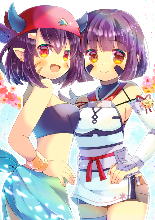 2girls :d abukuma_(azur_lane) abukuma_(azur_lane)_(cosplay) abukuma_(retrofit)_(azur_lane) azur_lane bandeau bangle bare_shoulders bell belt black_bandeau black_shorts blush bracelet breasts brown_belt brown_eyes closed_mouth commentary_request copyright_request cosplay costume_switch crossover detached_sleeves dress ear_piercing facial_mark fang floral_background hair_between_eyes hand_on_own_hip horns horns_through_headwear jewelry jingle_bell kou_hiyoyo multiple_girls obi open_mouth piercing pointy_ears purple_hair red_eyes red_headwear sash short_hair short_shorts shorts small_breasts smile white_dress white_sleeves
