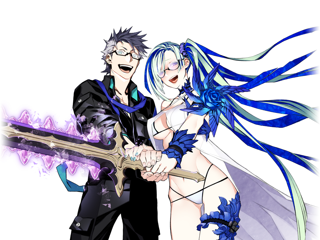 1boy 1girl aqua_hair bikini black_shirt blue_eyes blue_hair bracer breasts brynhild_(fate) brynhild_(swimsuit_berserker)_(first_ascension)_(fate) choker collared_shirt cowboy_shot fate/grand_order fate_(series) flower game_cg glasses grey_hair holding holding_sword holding_weapon husband_and_wife large_breasts long_hair looking_at_viewer miwa_shirow multicolored_hair navel official_art open_mouth purple_eyes purple_scrunchie scarf scrunchie shirt short_hair side_ponytail sigurd_(fate) sigurd_(memories_with_my_lover)_(fate) smile swimsuit sword thigh_strap third-party_source transparent_background two-tone_hair very_long_hair weapon white_bikini