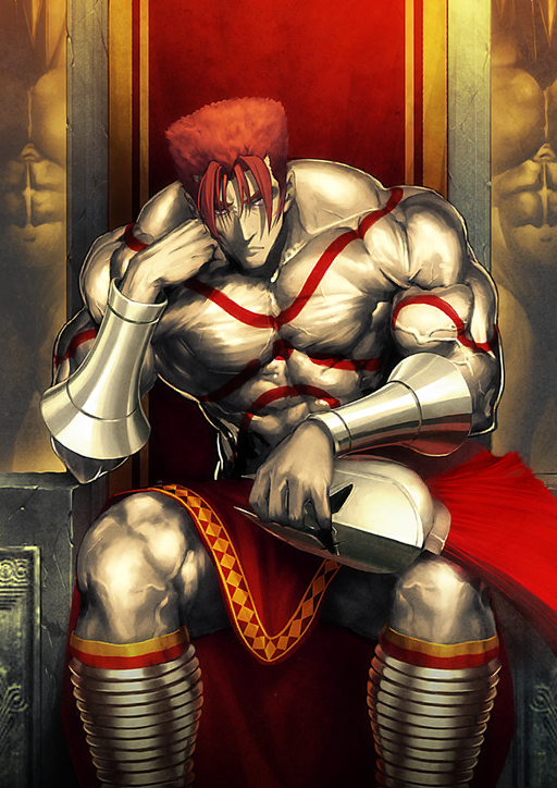 3boys abs arm_tattoo armor boots bracer chest_tattoo clenched_hand closed_mouth elbow_rest fate/grand_order fate_(series) feet_out_of_frame gold_armor hand_on_own_cheek hand_on_own_face head_rest helmet holding holding_helmet leonidas_(fate) looking_at_viewer male_focus multiple_boys muscular muscular_male official_art pectorals red_eyes red_hair red_skirt shima_udon short_hair sitting sitting_on_throne skirt solo_focus tattoo third-party_source throne v-shaped_eyebrows veins