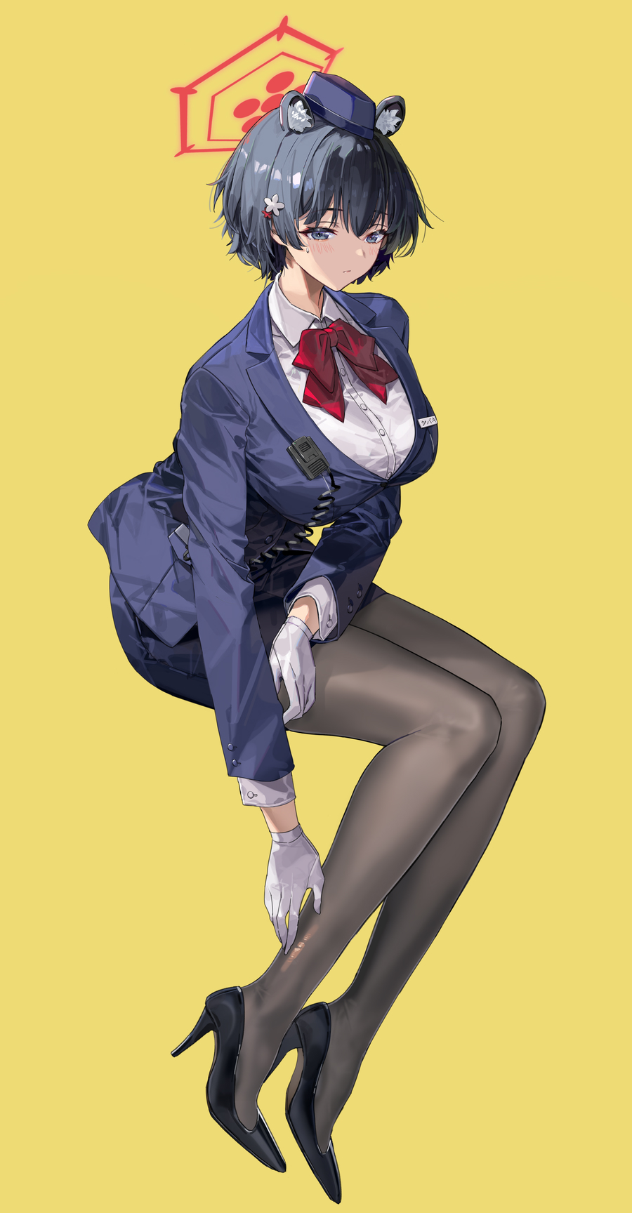 1girl animal_ear_fluff black_footwear black_hair black_jacket blue_archive blue_hat blue_skirt bow bowtie breasts buttons closed_mouth collared_shirt flower gloves grey_eyes hair_flower hair_ornament halo hat high_heels highres jacket large_breasts miyazakisoul pantyhose pencil_skirt red_bow red_bowtie shirt short_hair skirt solo sweat tsubaki_(blue_archive) tsubaki_(guide)_(blue_archive) white_flower white_gloves white_shirt yellow_background