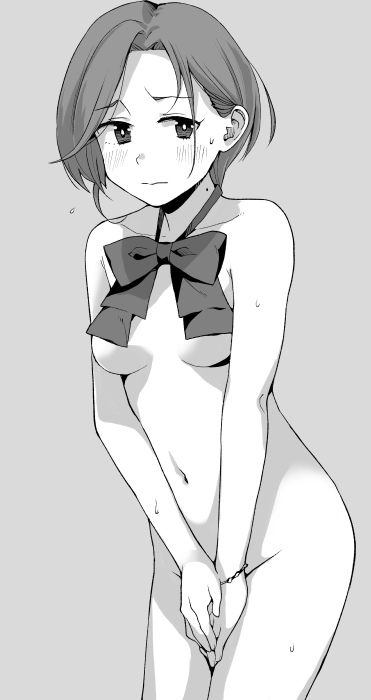 1girl blush bow bowtie bracelet breasts closed_mouth convenient_censoring covering_crotch covering_privates greyscale jewelry kantai_collection makio_(makiomeigenbot) medium_breasts mole mole_on_neck monochrome nude short_hair simple_background solo tamanami_(kancolle)