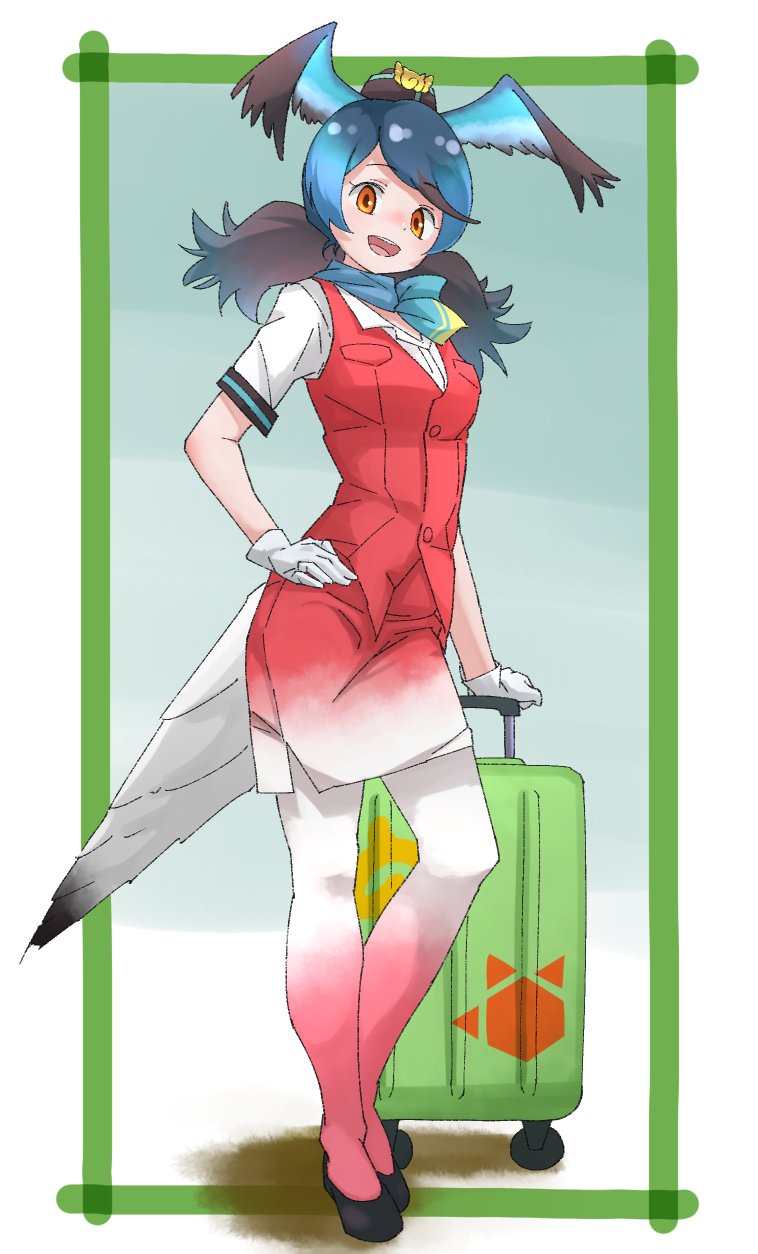 1girl bird_girl bird_tail bird_wings black_hair blue_bow blue_bowtie blue_hair bow bowtie flight_attendant full_body garrison_cap gloves gradient_clothes gradient_legwear gradient_skirt hand_on_own_hip hat head_wings highres kemono_friends luggage orange_hair pantyhose passenger_pigeon_(kemono_friends) pencil_skirt red_pantyhose red_skirt red_vest rolling_suitcase scarf shirt short_hair short_sleeves skirt solo suitcase tail tanabe_(fueisei) travel_attendant twintails vest white_gloves white_pantyhose white_shirt white_skirt wings