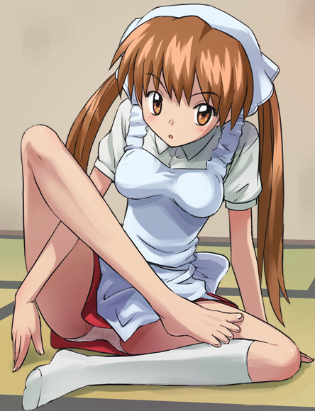 00s 1girl barefoot bend feet female_focus haruyama_kazunori kneehighs maid muteki_kanban_musume onimaru_miki panties pantyshot single_sock sitting socks solo toes twintails underwear white_panties white_socks