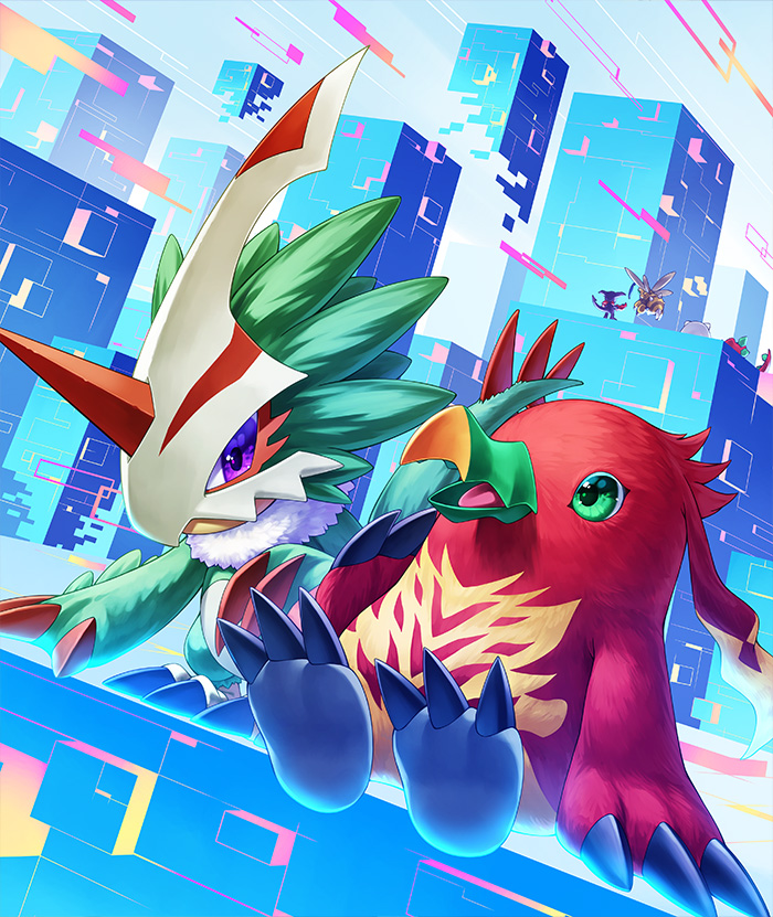 beak bird digimon digimon_(creature) digimon_card_game digimon_liberator feathers funbeemon green_eyes green_feathers horns impmon kazuki_seihou muchomon official_art penguin pteromon purple_eyes red_feathers single_horn talons tyranomon yukidarumon