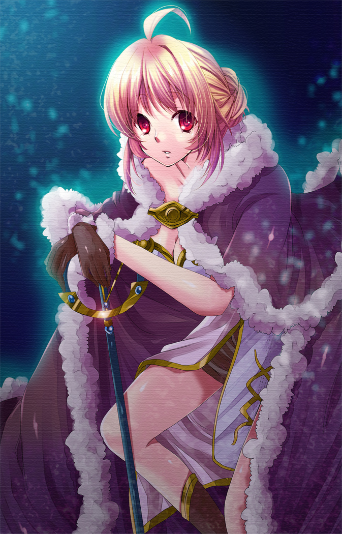 1girl ahoge bio_lab blonde_hair blue_background breasts brown_cape brown_gloves cape cleavage collarbone commentary_request contrapposto cowboy_shot dress eyes_visible_through_hair fur-trimmed_cape fur-trimmed_gloves fur_trim gloves hair_bun hand_on_hand high_wizard_(ragnarok_online) holding holding_staff kathryne_keyron kuko_(endless-repeat) leaning_forward looking_at_viewer medium_breasts parted_lips ragnarok_online red_eyes short_dress short_hair single_hair_bun sleeveless sleeveless_dress solo staff two-tone_dress white_dress