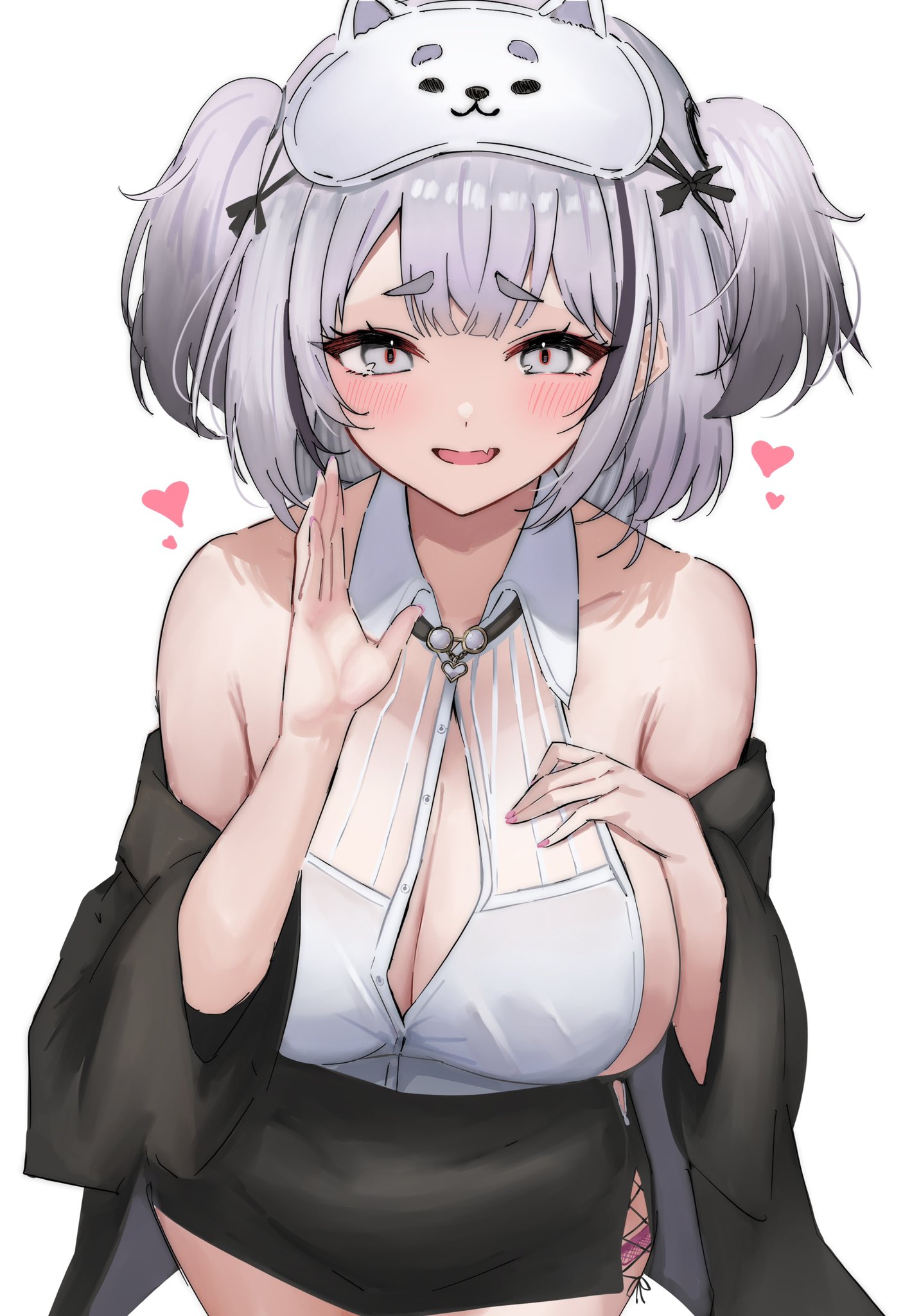 1girl aqua_eyes azur_lane black_hair black_jacket black_skirt black_streaks blush breasts cleavage commentary_request eye_mask fang gradient_hair grey_hair heart highres jacket large_breasts leaning_forward looking_at_viewer mask mask_on_head miniskirt multicolored_hair off_shoulder official_alternate_costume open_clothes open_jacket open_mouth shirt short_eyebrows sideless_shirt simple_background skin_fang skirt sleep_mask sleeveless sleeveless_shirt smile solo soul_(dp11) thick_eyebrows two_side_up white_background white_shirt z13_(azur_lane) z13_(strategic_date_solution)_(azur_lane)