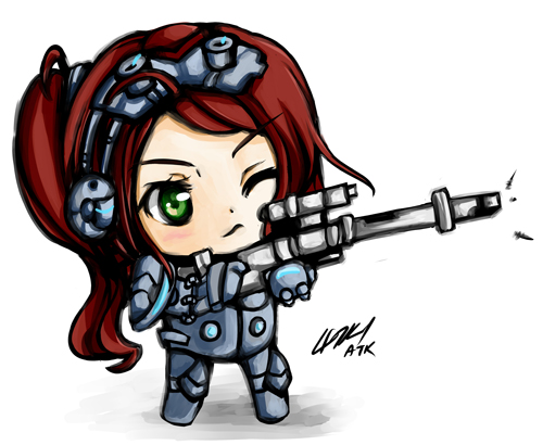 1girl armor atk402 bodysuit chibi female_focus ghost_(starcraft) goggles goggles_on_head green_eyes gun lowres ponytail red_hair rifle sarah_kerrigan sniper_rifle solo starcraft terran weapon
