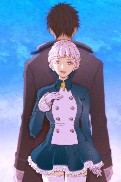1boy 1girl alice_elliot blue_eyes breasts brown_hair chiru_(sanifani) dress gloves jewelry long_sleeves looking_at_viewer shadow_hearts short_hair silver_hair simple_background skirt smile thighhighs yuri_hyuga