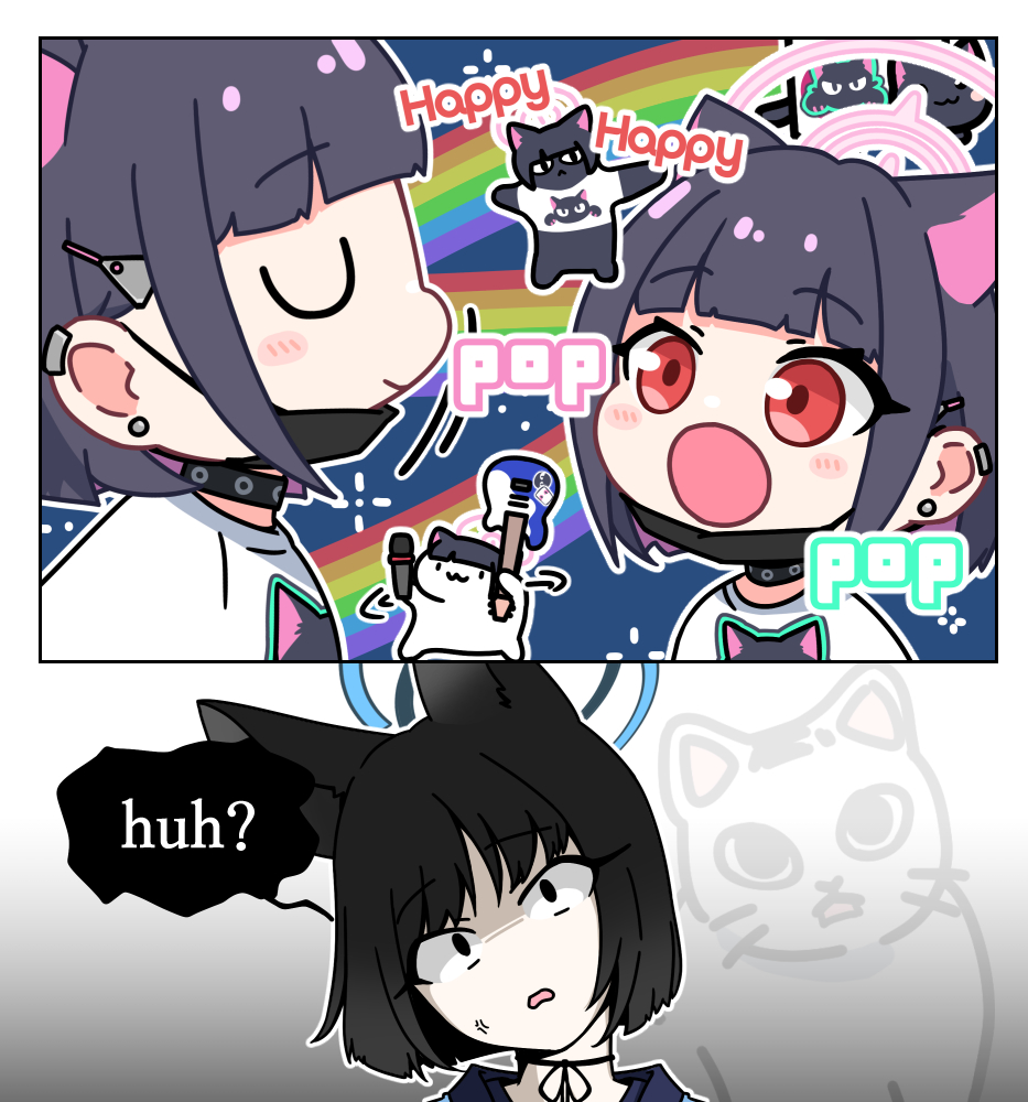 2girls acomu414 animal_ears black_choker black_hair blue_archive blue_halo cat_ears cat_girl choker closed_eyes colored_inner_hair earrings electric_guitar english_text esso_crumb_cat_(meme) extra_ears guitar halo happy_happy_happy_cat_(meme) huh?_cat_(meme) instrument jewelry kazusa_(band)_(blue_archive) kazusa_(blue_archive) kikyou_(blue_archive) meme microphone multicolored_hair multiple_girls open_mouth pink_hair pink_halo pop_cat_(meme) red_eyes short_hair smile stud_earrings two-tone_hair